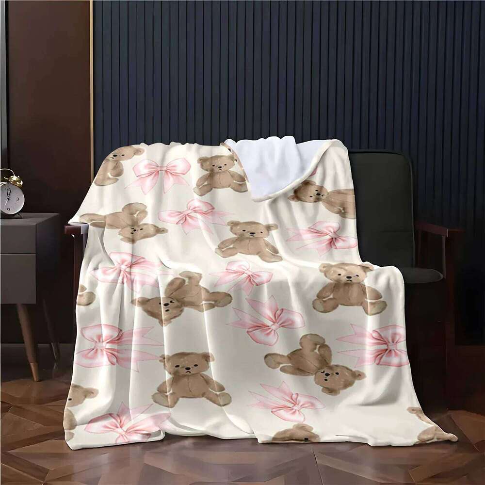 Soft Flannel Teen Girls' Blanket - Pastel Pink Brown Teddy Bear Plush Bow Design All-Season Cozy Bedspread for Bed Couch or Nap XJ260112