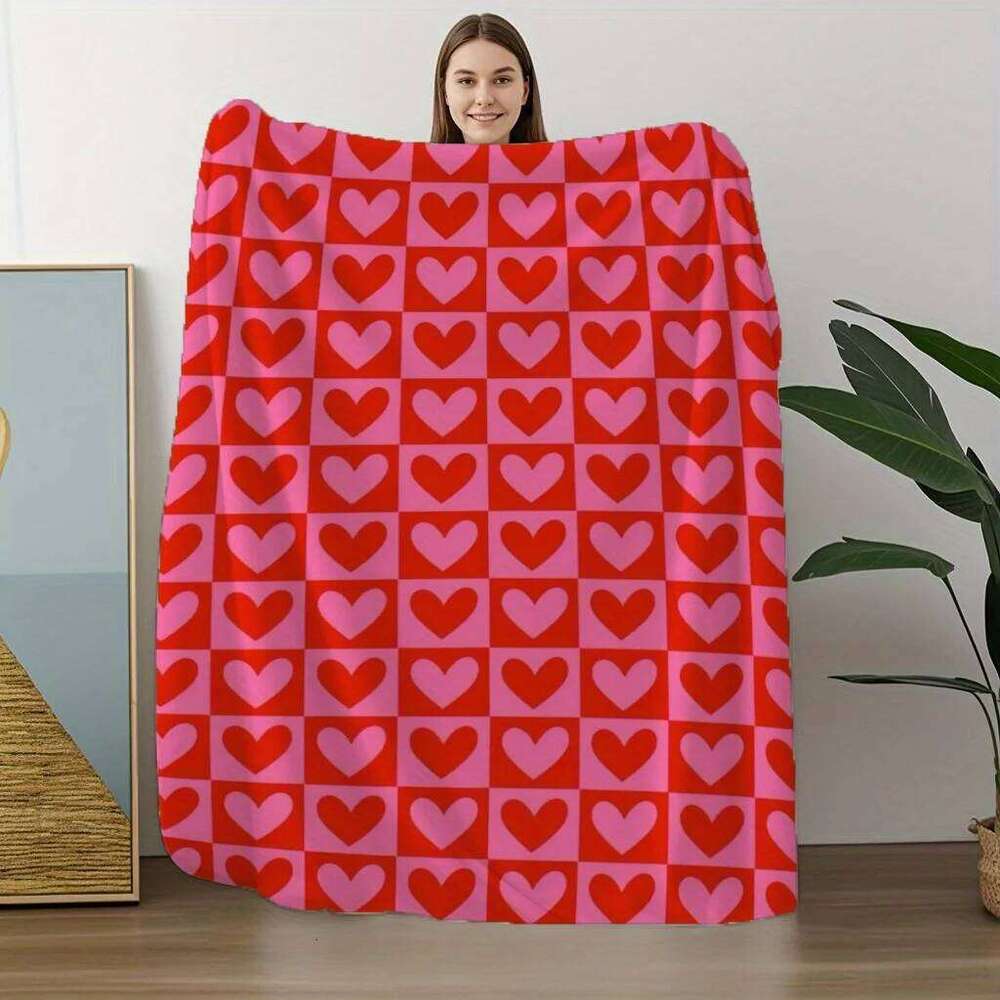 Red Pink Heart Plaid Print Flannel Throw Blanket Soft Warm and Cozy for Couch Bed Office or Camping All-Season Use XJ260112