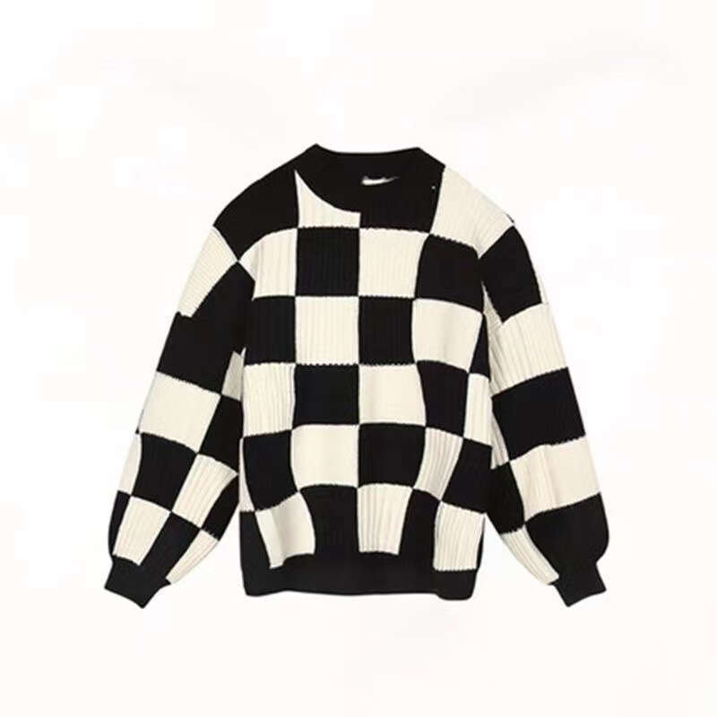Autumn Winter Design New Top Checkerboard Sweater Women Retro Loose Lazy Style Pullover Knitted Jacket