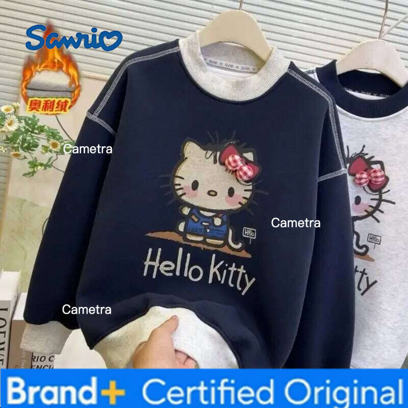 Sanrio Kuromi Hello Kitty Cute Style Fleece Lined Cartoon Sweatshirt Fashionable Trendy for Girls Kids Autumn Winter Casual Top H2601121