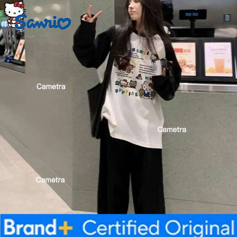 Sanrio HelloKitty Girl cotton Kawaii Anime Fashion Student Casual Long-Sleeved Spring and Autumn Base shirt Round neck New top H260112