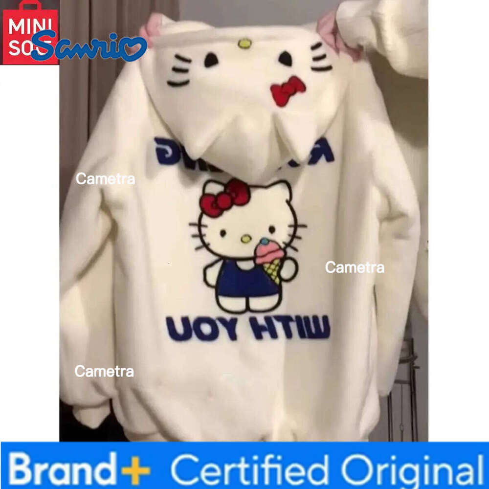 Sanrio MINISO Cartoon Cute Hello Kitty Lamb Women's Autumn and Winter Plus Plush Thick Cardigan Coat H260112