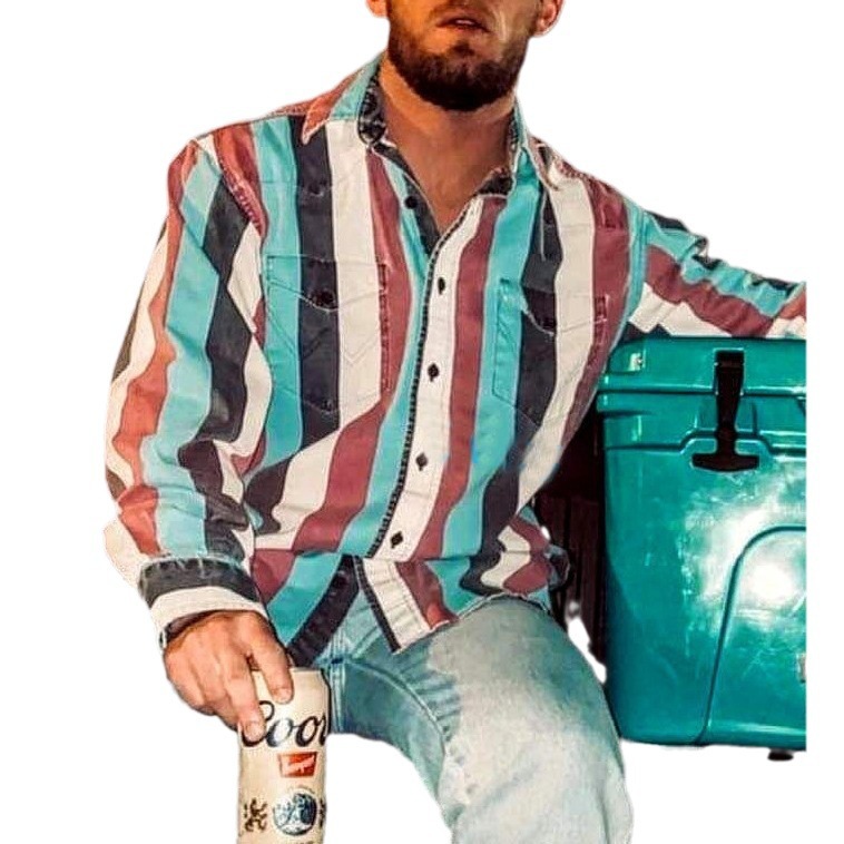 Men's Long Sleeve Western Denim Shirt, Outdoor Casual Party, HD Pattern, Soft And Comfortable Button Lapel T-shirt