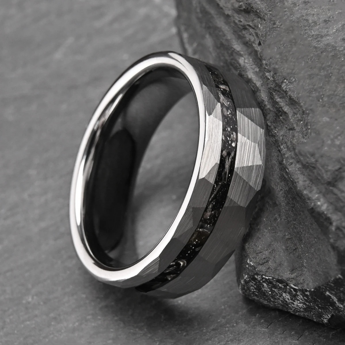 8mm hammered inlaid meteorite fragment tungsten ring mens wedding band ring comfortable fit jewelry accessories gift 260104