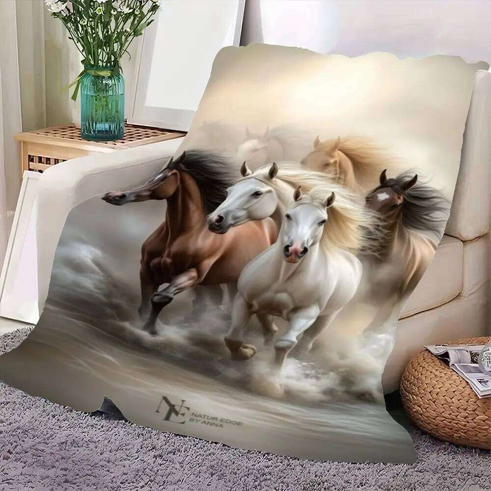 Ethereal Galloping Horses Blanket - Dreamy Water-Infused Environment Design with Five Majestic Horses, Featuring a White Horse w XJ260112