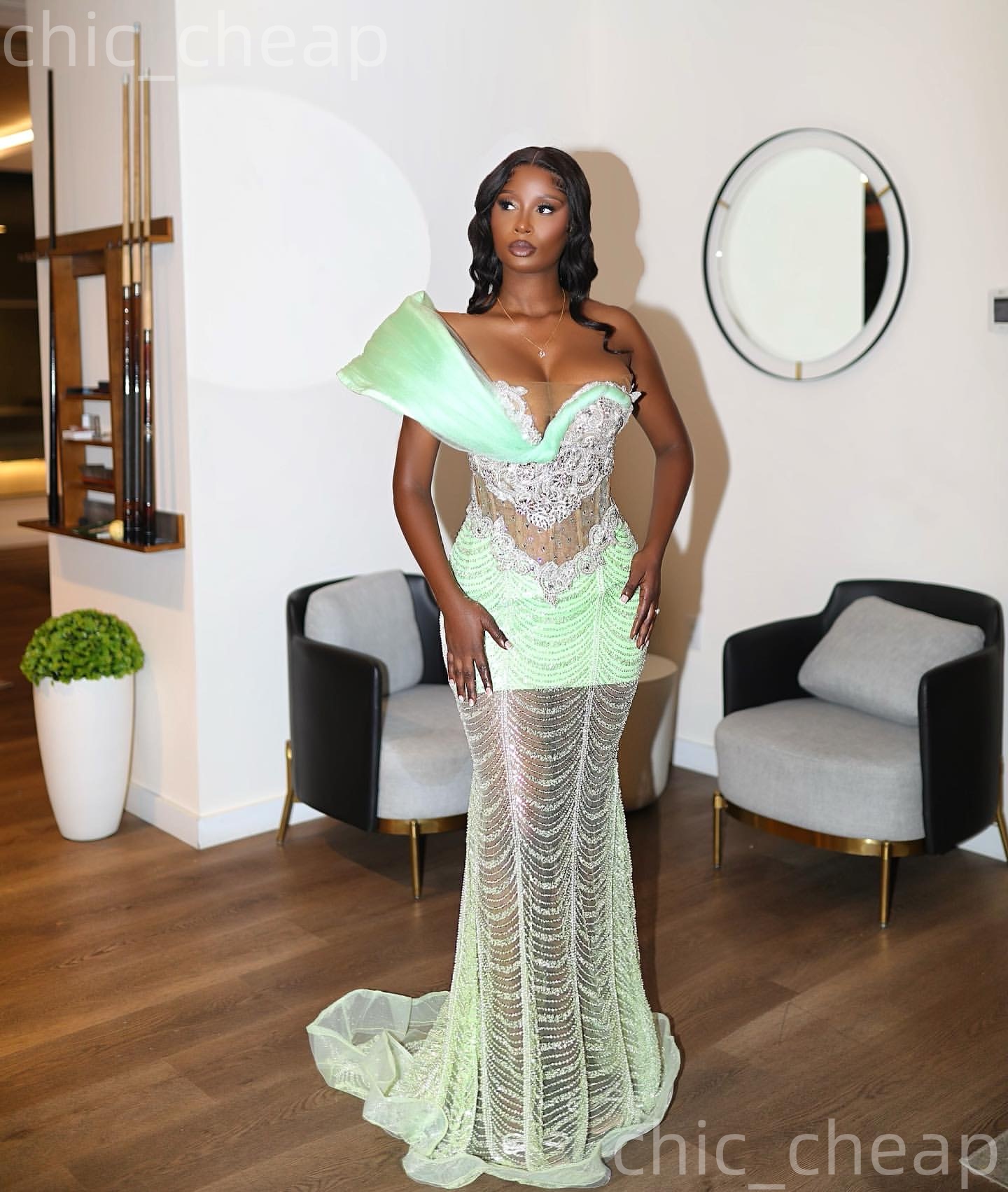 Aso Ebi 2k25 Mint Mermaid Prom Dresses 2026 One Shoulder Beaded Crystals Evening Formal Party Second Birthday Engagement Gowns Dress For Special Occas