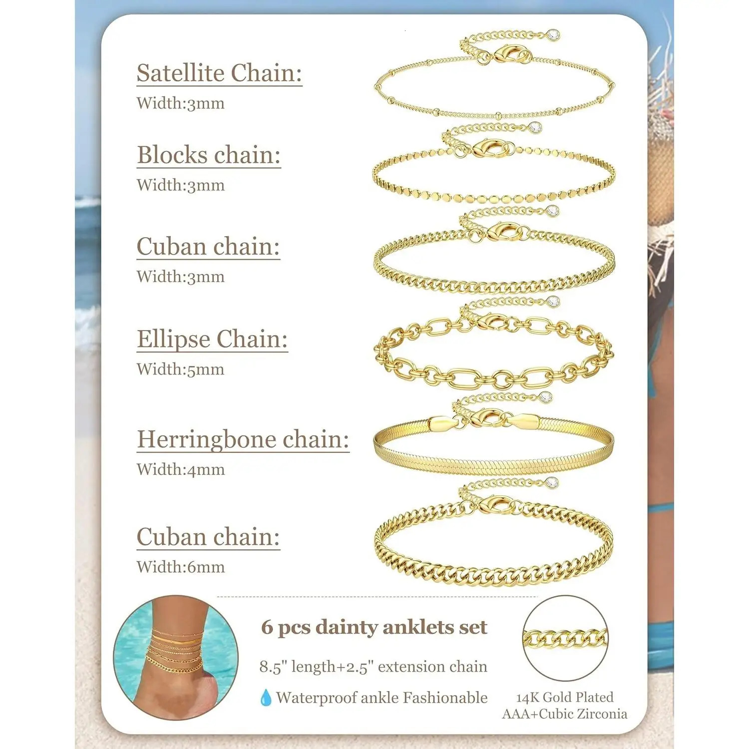 6PCS Ankle Bracelets for Women 14K Gold-plated Anklets Stainless Steel Cuban Link Chain Anklet Set Layered Beach Jewelry Gift 260107