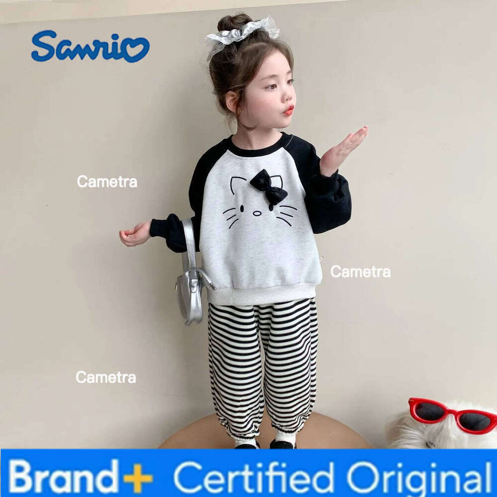 Sanrio Anime HelloKitty Girls' Spring and Autumn Fashion Stripe Two Piece Set Girl cartoon cute sweet cotton casual T-shirt set H260112
