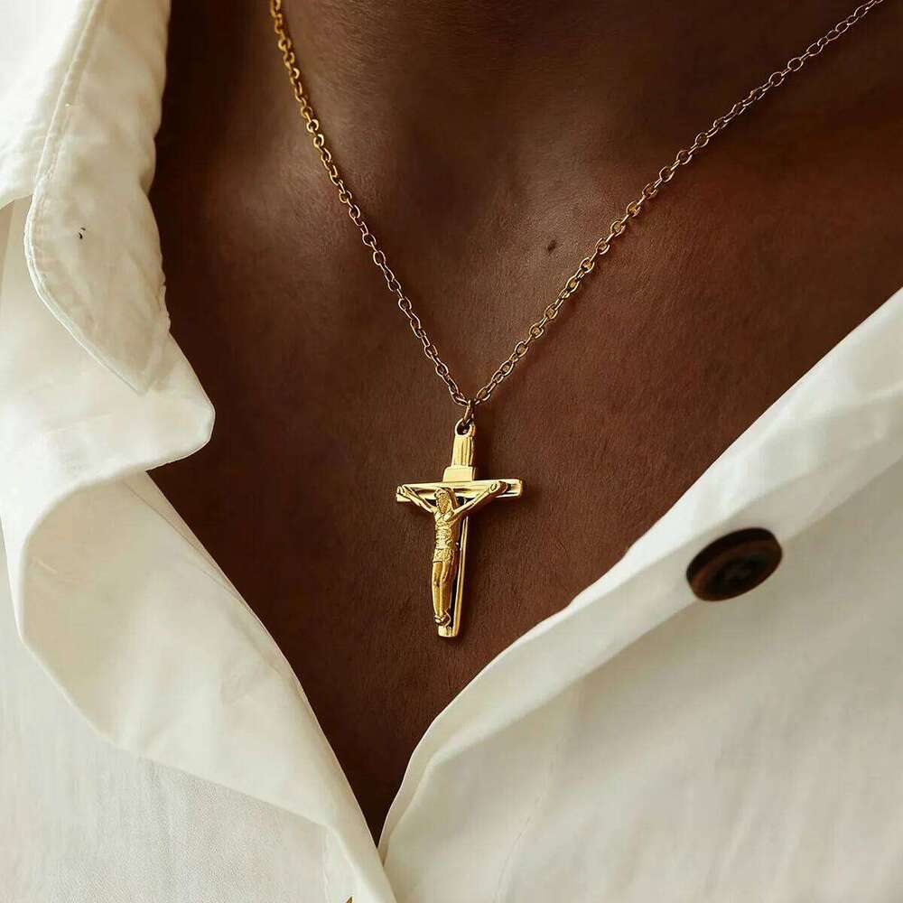 Stainless Steel Jesus Cross Necklace For Women Men Gold Color Caravaca Angels Crucifix Charm Choker Rapper Jewelry Hip Hop Gift H260112