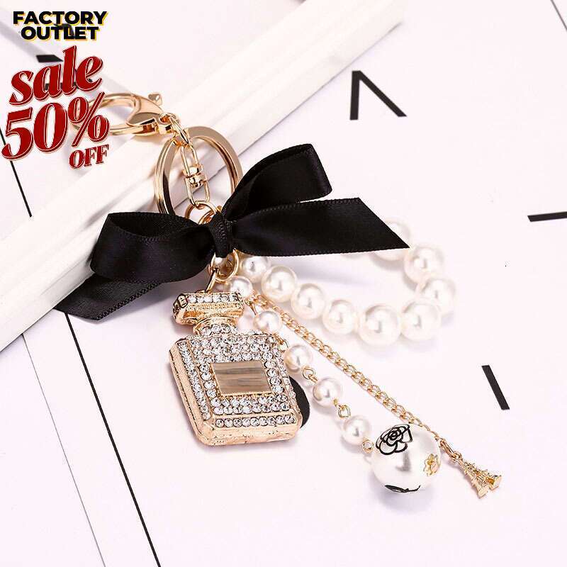 Vintage Perfume Bottle Keychain Black Ribbon Pearl Jewelry Women Bag Decoration Gift for Ladies