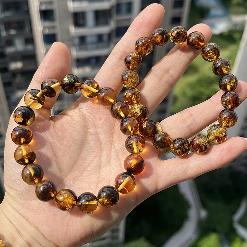 10mm 12mm Big Piebald Amber Bracelet Wholesale Round Defect Stone Diy Trendy Women Baltic Genuine Ambre Natural Jewelry Gift 260107