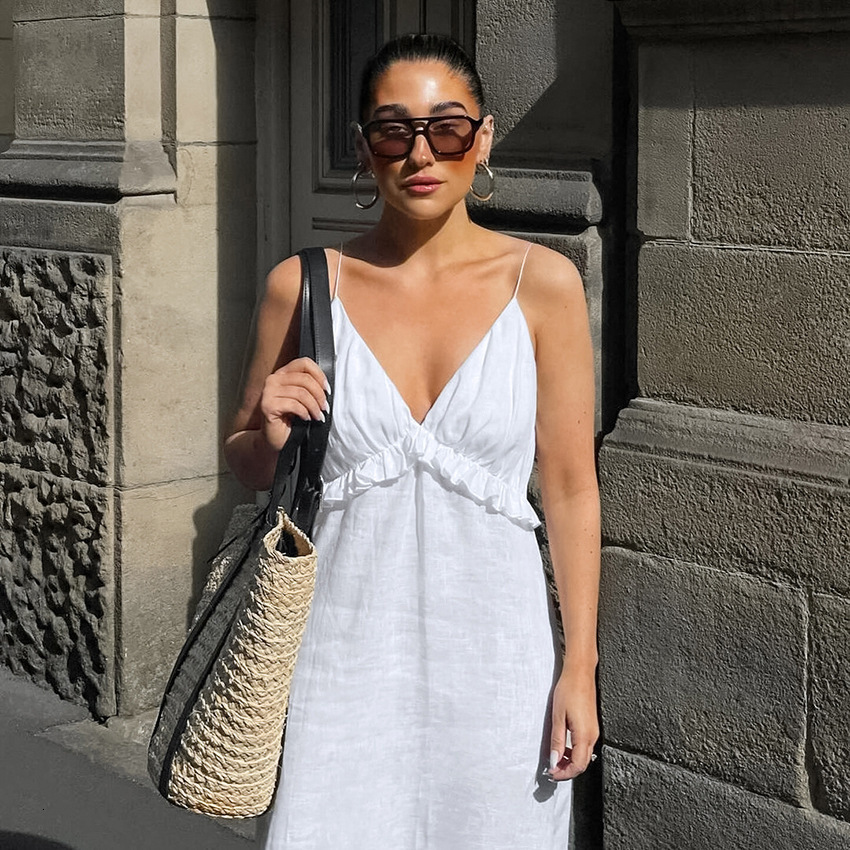 Basic Casual Dresses Linen Ruffles White Dress Spaghetti Strap Deep V neck Backless High Waist A line Summer Midi Holiday Robe 230715