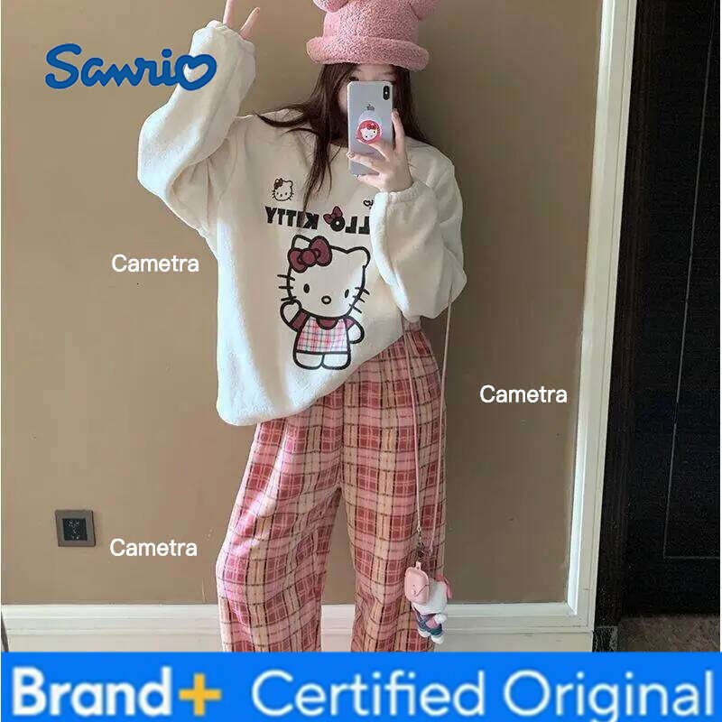 Sanrio Hello Kitty Pajamas Set Coral Cartoon Fleece Lined Thickened New Winter Women's Cozy Home Sleepwear Loungewear H260112