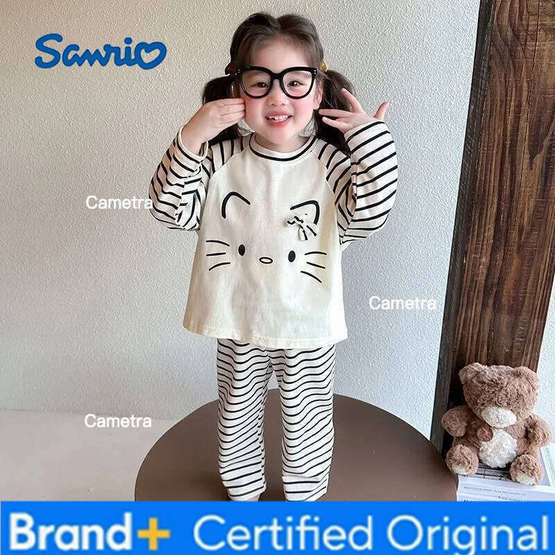 Sanrio Girls' Dralon Pajamas Set Cartoon Striped Long Sleeve Lounge Wear for Kids Spring Autumn Thermal Cotton Baby Sleepwear H260112