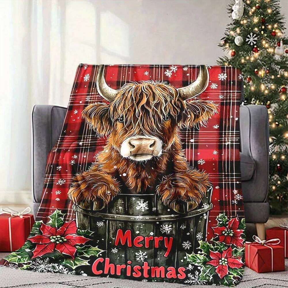 1 Pec Soft Warm Christmas Highland Cow And Snowflake Flannel Blanket Cozy Festive Gift For Family Travel Office Decoration XJ260112