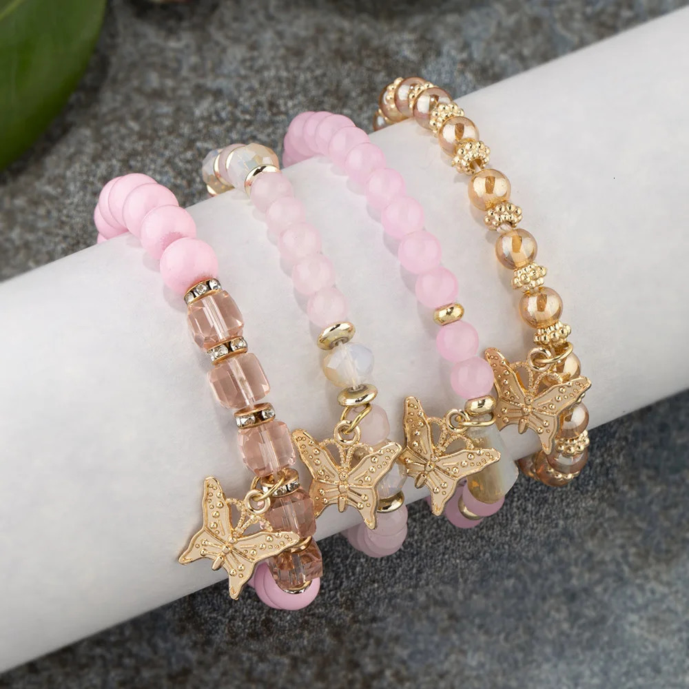 4Pcs Trendy Butterfly Beaded Bracelet Set For Women Pink Acrylic Beads Elastic Chain Bangle Female Bohemian Party Jewelry Gift 260107
