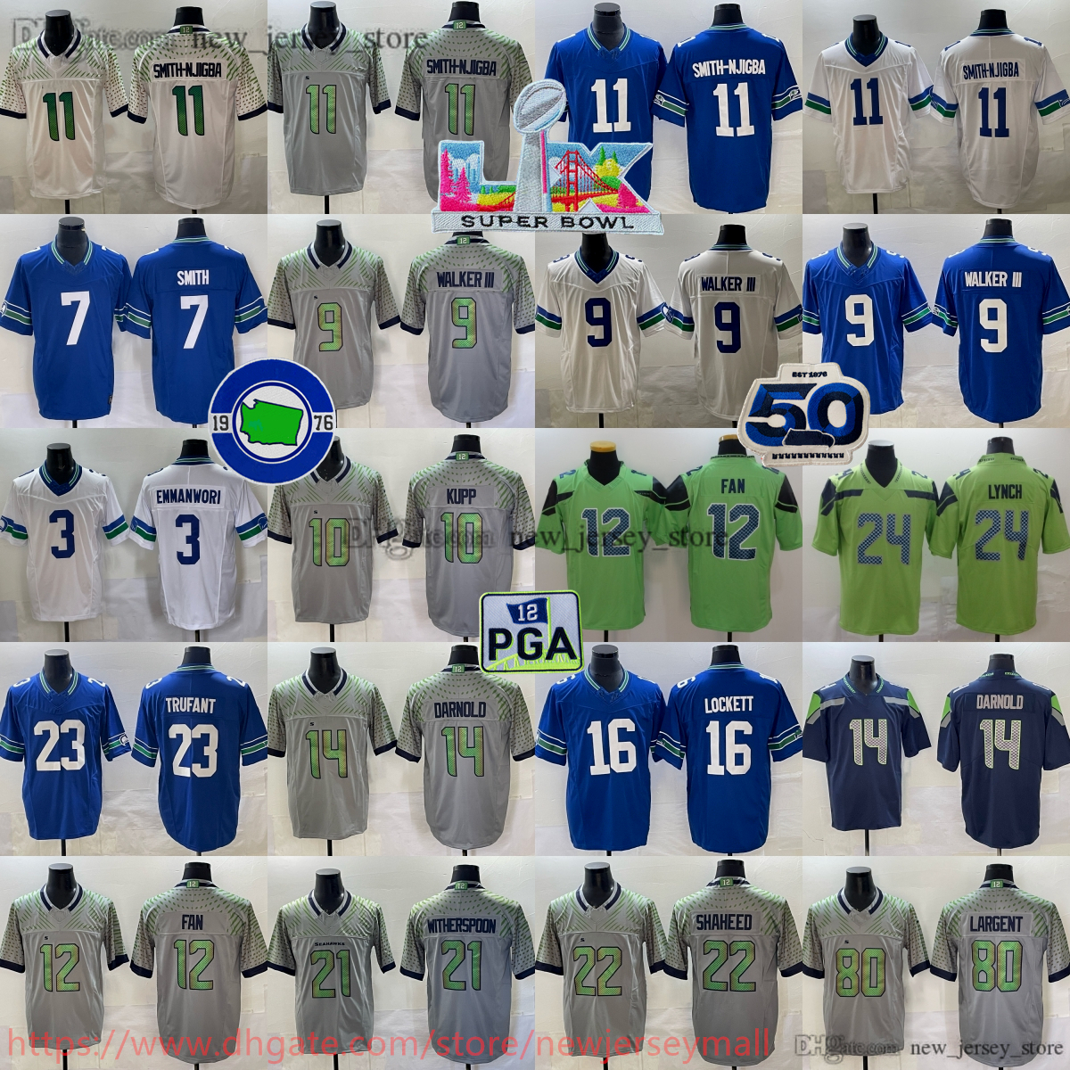 2026 SuperBowl Football 11 Jaxon Smith-Njigba Jersey 9 Kenneth Walker III 21 Devon Witherspoon 80 Steve Largent 10 Cooper Kupp 14 Sam Darnold Marcus Trufant Emmanwori