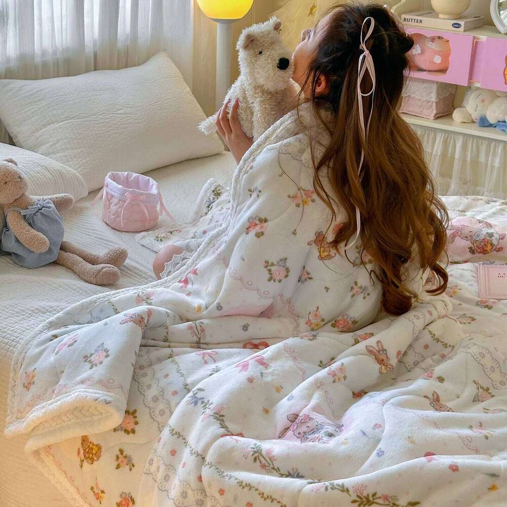 Cartoon Rabbit Print Flannel Winter Warm Cozy Throw Blanket for Bed Sofa Travel Floral Printed Soft Plush Blankets XJ260112