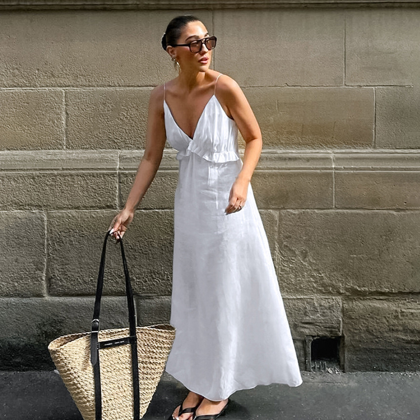 Basic Casual Dresses Linen Ruffles White Dress Spaghetti Strap Deep V neck Backless High Waist A line Summer Midi Holiday Robe 230715