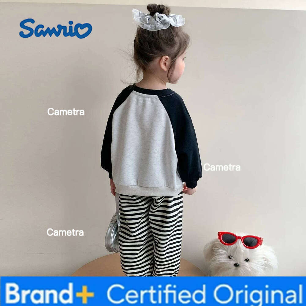 Sanrio Anime HelloKitty Girls' Spring and Autumn Fashion Stripe Two Piece Set Girl cartoon cute sweet cotton casual T-shirt set H260112