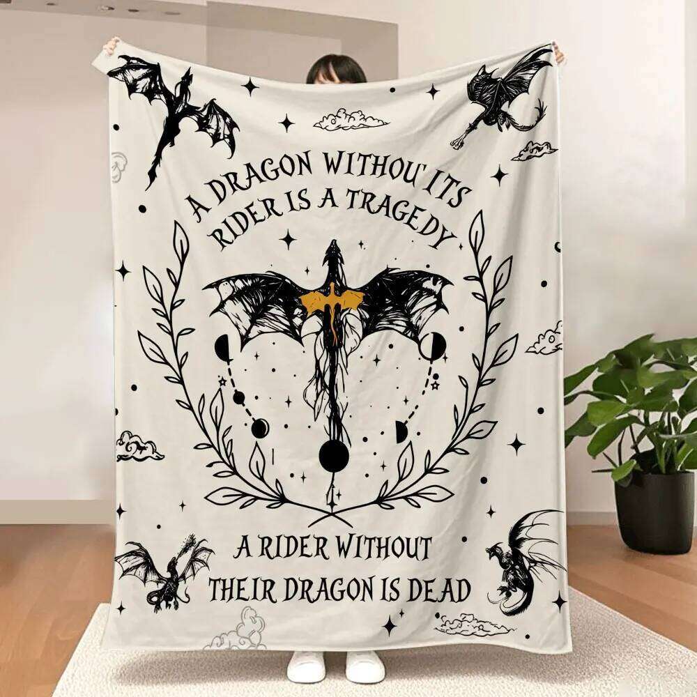 Dark Fantasy Dragon Wreath Throw Blanket - Beige Background with Stylized Black Dragon, Celestial Elements, and Heartfelt Quotes XJ260112