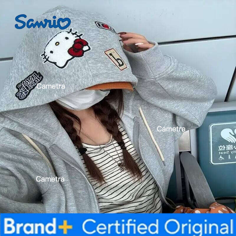 Sanrio Hello Kitty Women Hoodie Sweatshirt Jacket Autumn New Gray Drawstring Youthful Loose Cardigan Casual Streetwear Fashion Tops H260112
