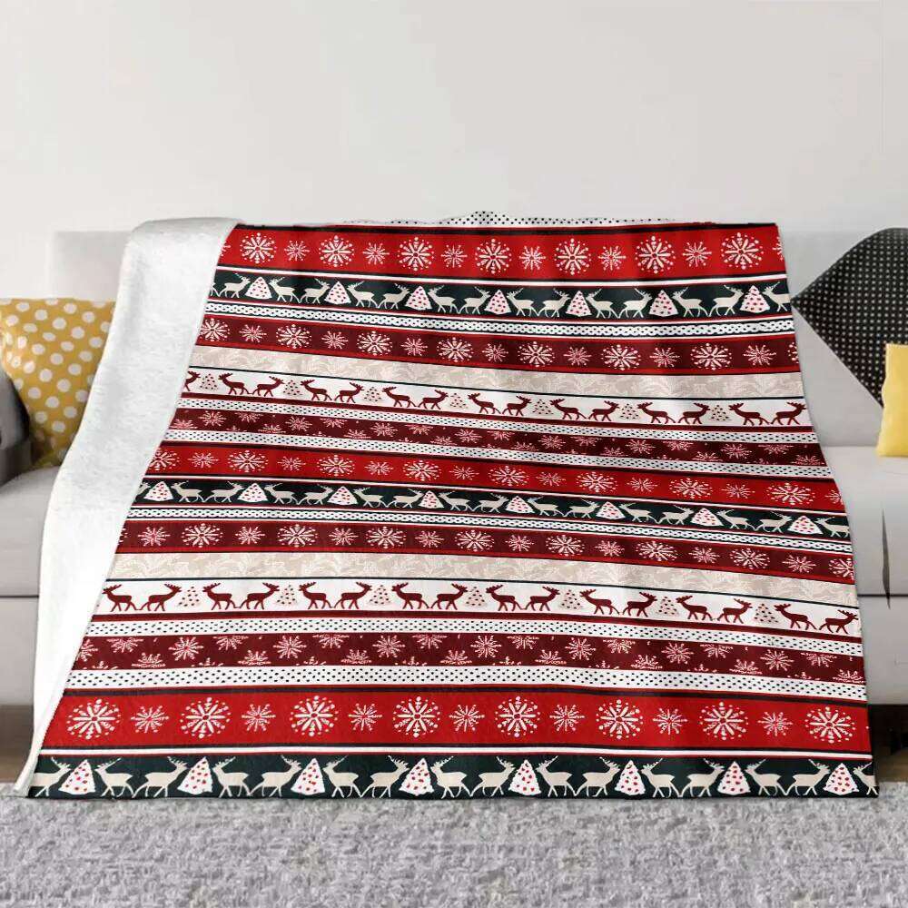 Striped Blanket Traditional Red/White/Black Design with Snowflakes, Reindeer, Christmas Trees - Festive Throw for XJ260112
