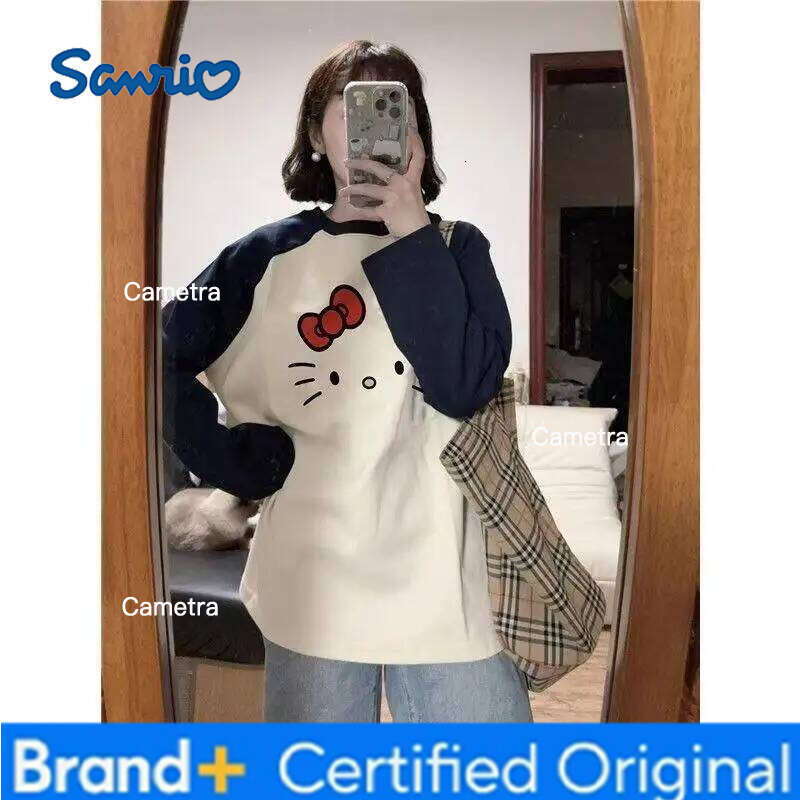Sanrio Hello Kitty Women's T-Shirt Kawaii Cartoon Spring Autumn Woman Clothing Loose Long Sleeves Tees Sexy Base Layer Tops New H260112