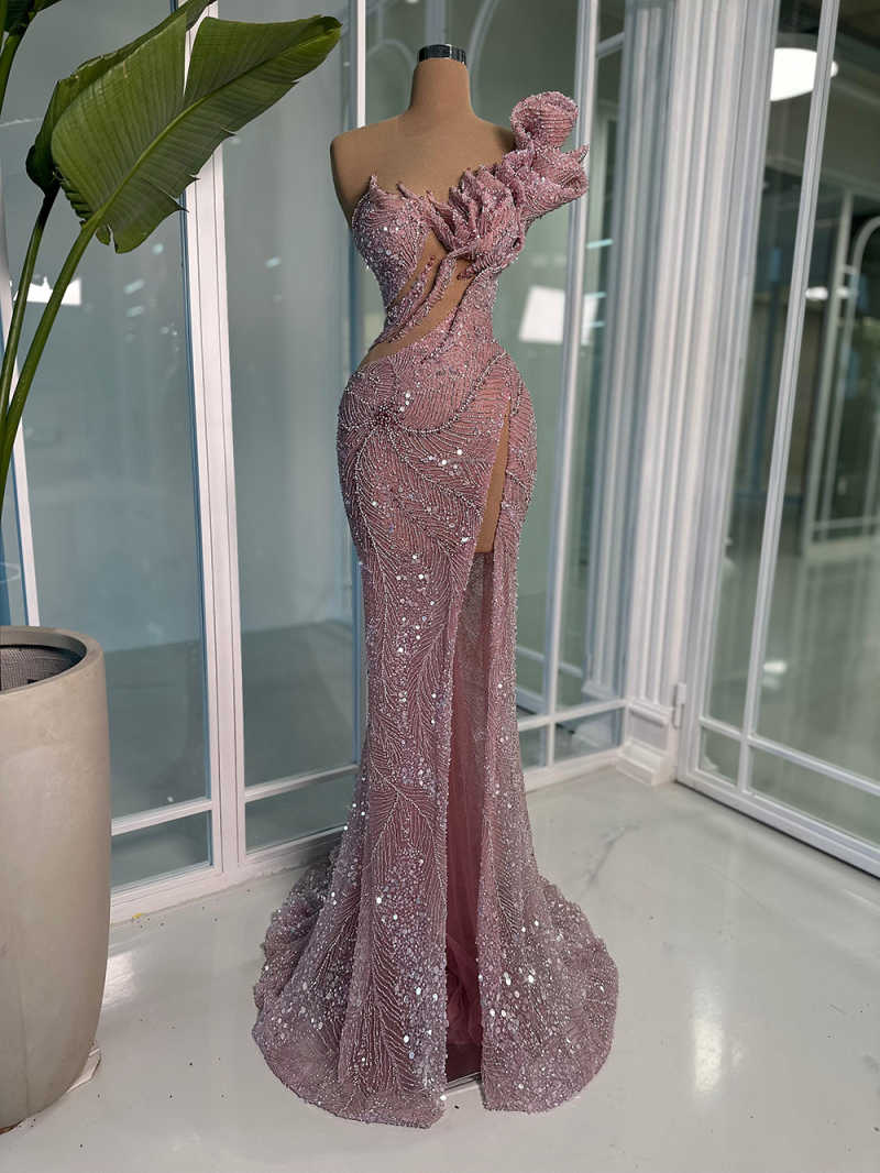 Glamorous Sequins Mermaid Prom Gowns Sleeveless High Slit Evening Dresses Beaded Special Occasion Party Customized