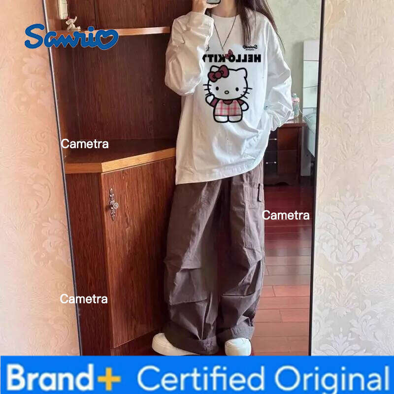 Sanrio New Style Long Sleeve Kitty Cat Loose Bottom Shirt Sweet Cute T-Shirt for Men and Women Versatile Cartoon Hoodie H260112
