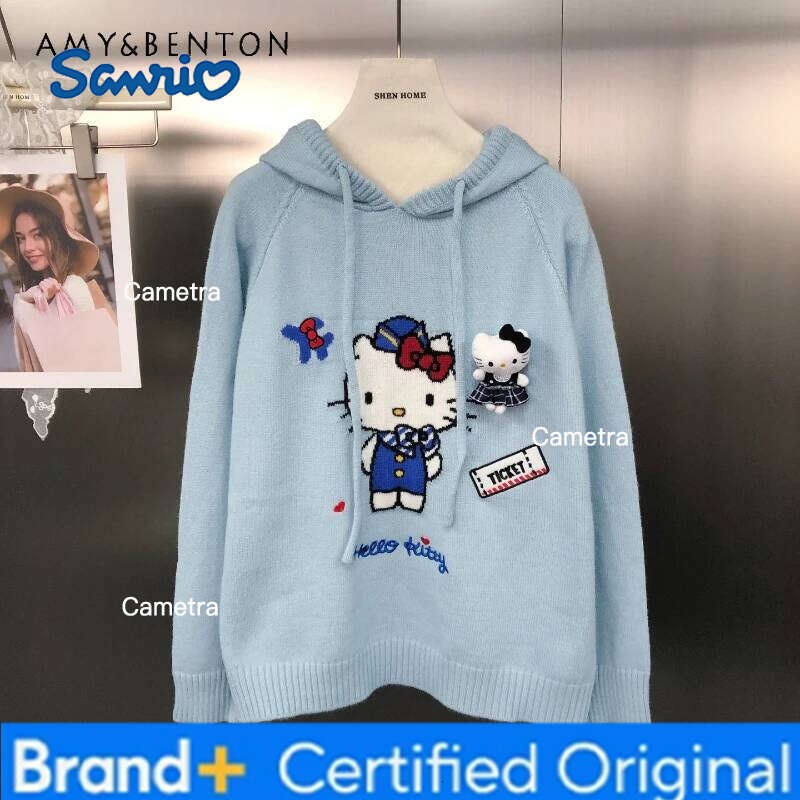 Sanrio New Korean Style Sweet And Stylish Versatile Cartoon Jacquard Knitwear Fashion Loose Casual Blue Hooded Pullover Sweater Women H2601121
