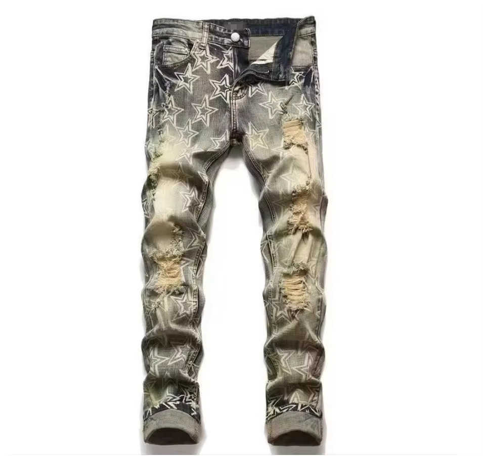 Men Snake Embroidery Denim Jeans Streetwear Ripped Patch Pants Slim Tapered Stretch Trousers X250812