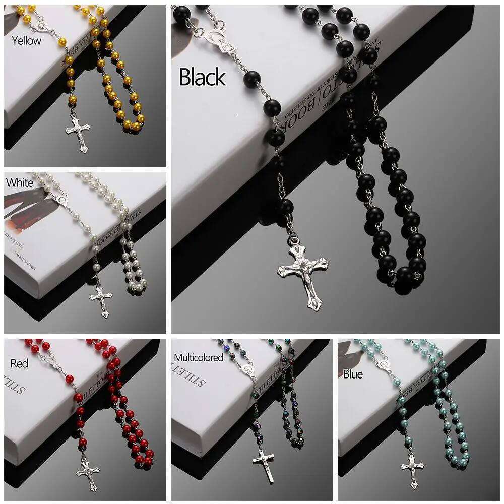 Fashion Vintage Cross Rosary Beads Jesus Crucifix Virgin Mary Pendant Chain Jewelry Necklace H260112