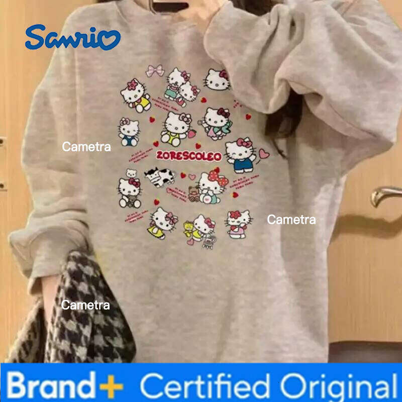 Sanrio Kawaii Hello Kittys Fresh Cute American Style Retro Spring Autumn College All-Match Add Velvet Hoodie Long Sleeves T-Shirt Girl H260112