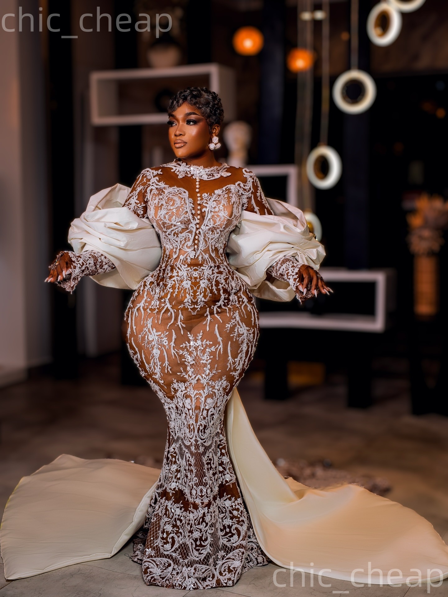 African Aso Ebi 2026 Ivory Mermaid Wedding Dress Illusion Sequined Lace With A Wrap Vintage Elegant Bridal Gowns Dresses ZJ2277