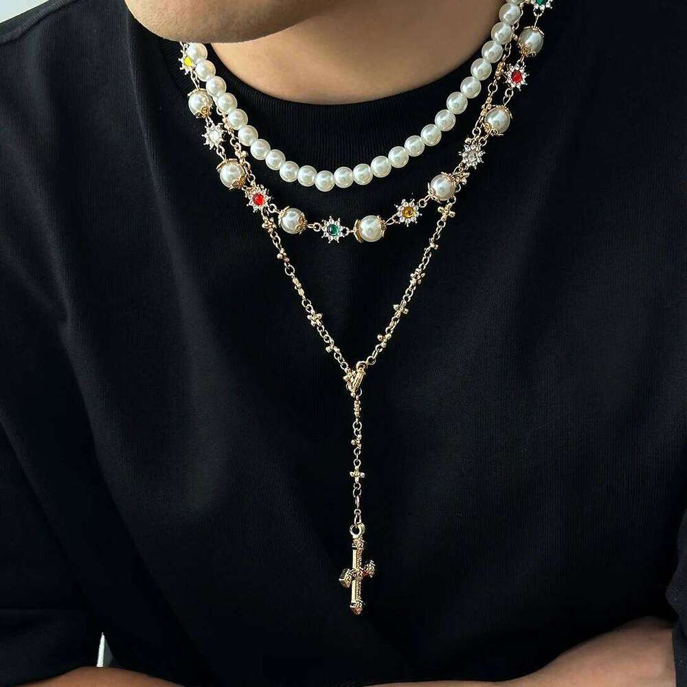 Ingemark 3Pcs/Set Creative Rhinestone Imitation Pearl Chain Necklace for Men Goth Jesus Cross Pendant Choker Y2K Jewelry Gifts H260112