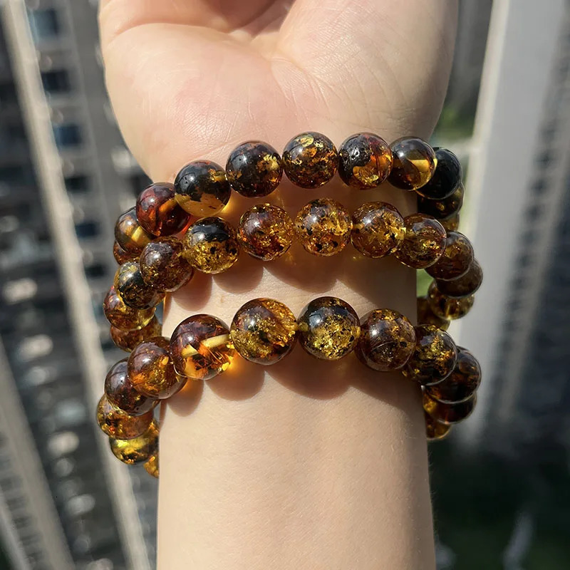 10mm 12mm Big Piebald Amber Bracelet Wholesale Round Defect Stone Diy Trendy Women Baltic Genuine Ambre Natural Jewelry Gift 260107