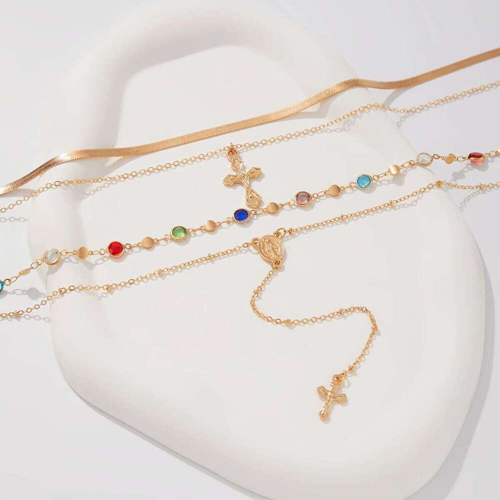 Salircon 4Pcs/Set Charm Rhinestone Cross Necklace for Women 2025 Trendy Colorful Chain Choker Hip Hop Party Body Jewelry Gifts H260112