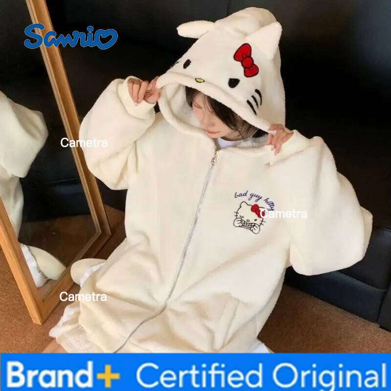 Sanrio Hello Kittys Hoodie Women Zipper Coat Girls Cardigan Sweatshirt Plush Fall Winter Cotton-Padded Jacket Streetwearr H260112
