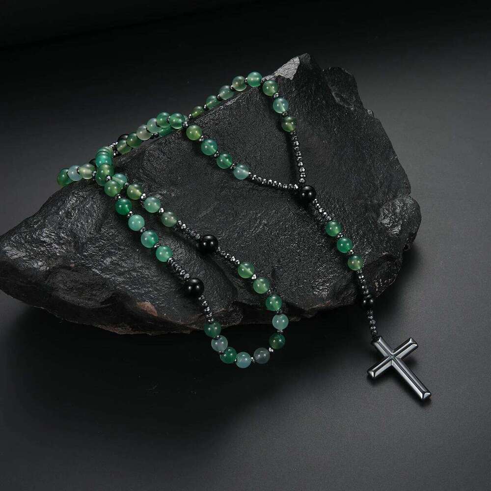 Fashion Gemstone Purple Green Round Beads Beaded Cross Pendant Rosary Necklace for Men and Women Prayer Gift H260112