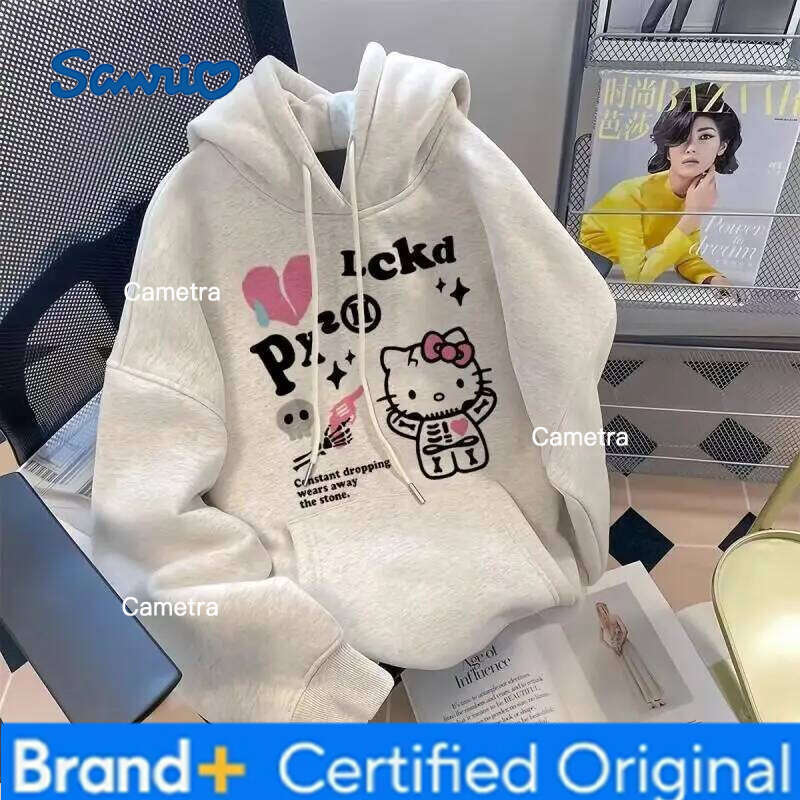 Sanrio Hello Kitty Hoodie Hong Kong Style Print Loose Fit Versatile Women's Autumn Winter Casual Trendy Fleece Sweatshirt H260112