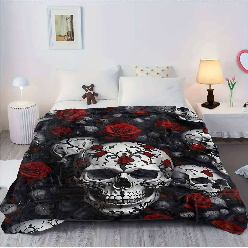VIKAMA Dark Skeleton Rose Flannel Gothic Style Living Room Sofa Blanket Lunch Break Holiday Decoration Essential XJ260112