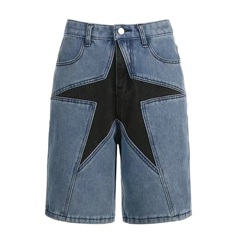 Women's Shorts---Street Y2K Denim Capris, Color-Block Star Patch High-Waisted Loose 5-Pocket Pants---8090