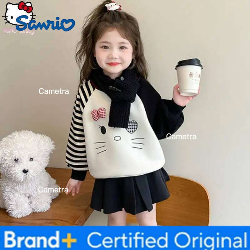 Sanrio Girls Cartoon Cat Thickened Sweatshirt Kawaii Autumn and Winter New Anime Children's Tops Warm Base Fashionable T Shirt H260112
