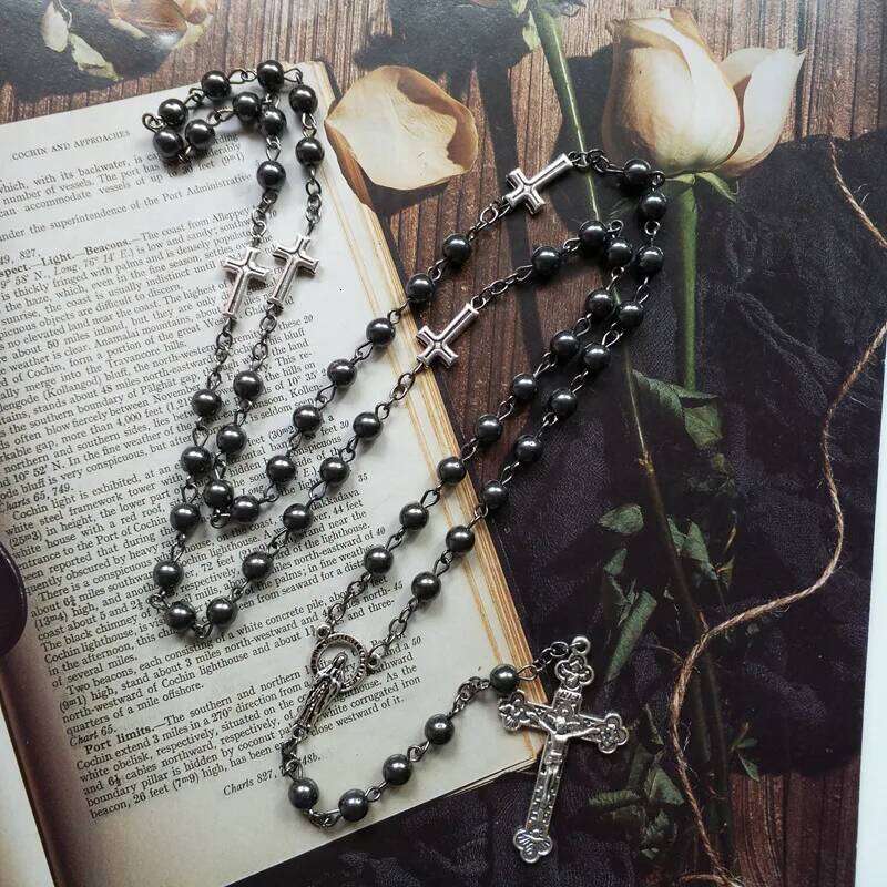 QIGO Vintage Hematite Rosary Catholic Long Jesus Cross Virgin Necklace Pendant For Men Women Religious Jewelry H260112