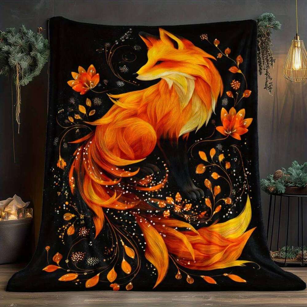 1pc Ultra-Soft Lightweight Flannel Blanket with Vibrant Orange Fox & Floral Design - Cozy Warm Throw for Camping, Travel, Home, XJ260112