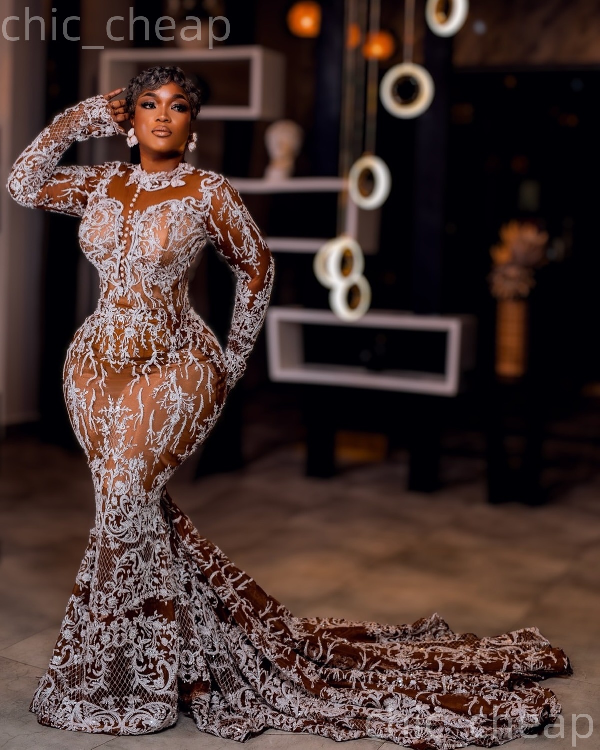 African Aso Ebi 2026 Ivory Mermaid Wedding Dress Illusion Sequined Lace With A Wrap Vintage Elegant Bridal Gowns Dresses ZJ2277