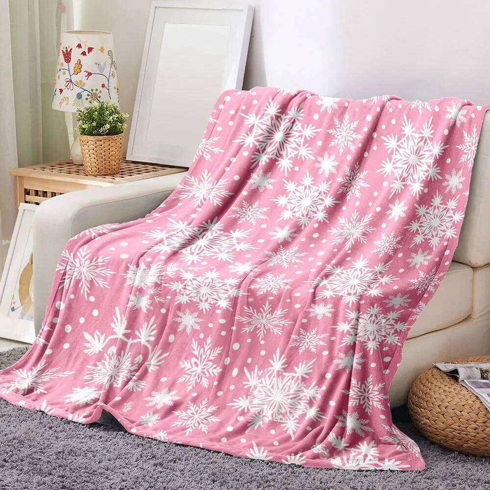 Pink Winter Snowflake Blanket - Soft Cosy Printed Throw with White Snowflakes & Dots, Festive Whimsical Design for Seasonal D XJ260112
