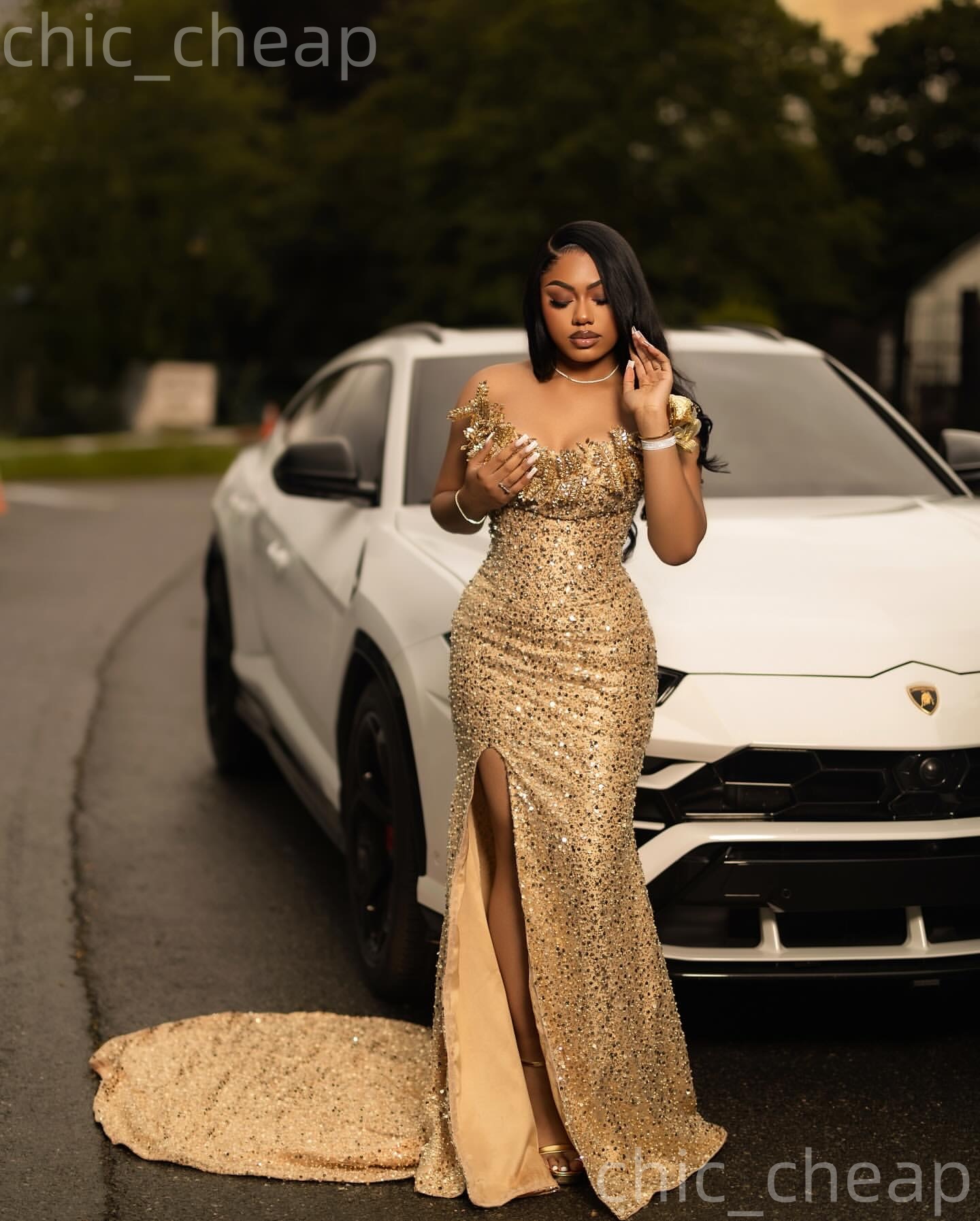 Aso Ebi 2k25 Gold Mermaid Prom Dresses 2026 Crystals High Split Sequined Evening Formal Party Second Birthday Engagement Gowns Dress For Special Occas