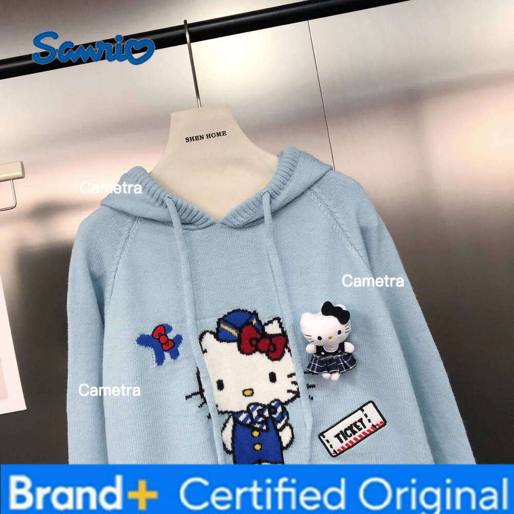 Sanrio New Korean Style Sweet And Stylish Versatile Cartoon Jacquard Knitwear Fashion Loose Casual Blue Hooded Pullover Sweater Women H2601121